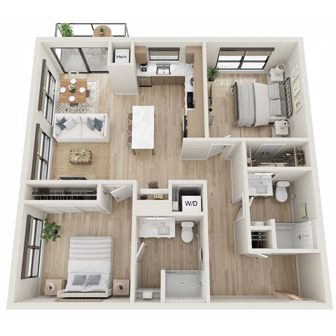 Floor plan for 2 beds, 2 baths, 1034 sqft